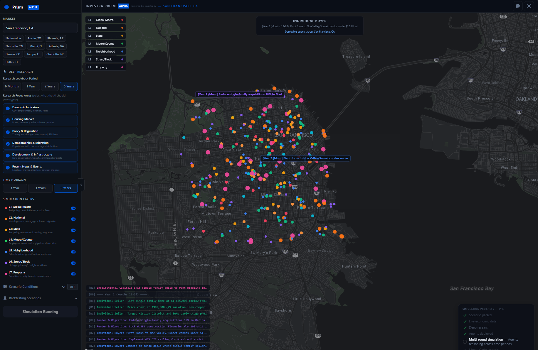Investra Prism — thousands of AI agents deployed across San Francisco analyzing neighborhoods